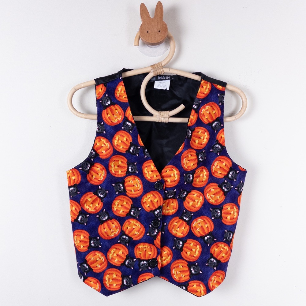 Vintage‎ 111 MAIN Halloween Vest 90s Purple Orange Black Cat Pumpkin Kids 4-5